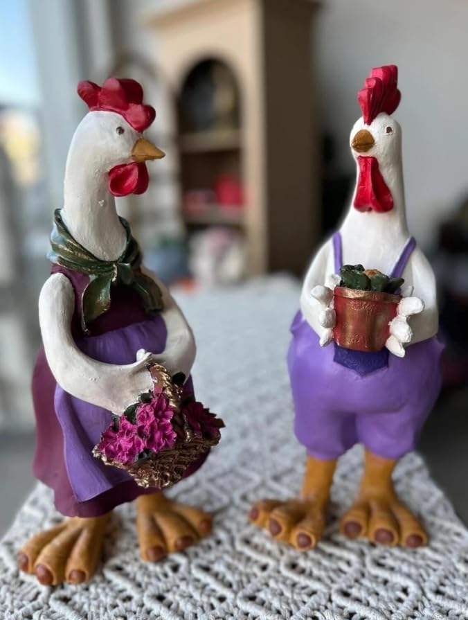 Farmhouse Chicken Decor, Charming Rooster and Hen Figurines Holding Flowers, Flower Holding Rooster, Cute Chicken Statues, Chicken Statue, Cockerel Decor, Cockerel Statue