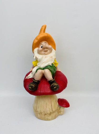 Garden Gnome Sitting on Red Mushroom Outdoor Decor, Garden Gnome Statue, Outdoor Garden Decor, Mushroom Gnome Figure, Fairy Garden Gnome, Garden Gnome Sculpture, Garden Gnome Decor