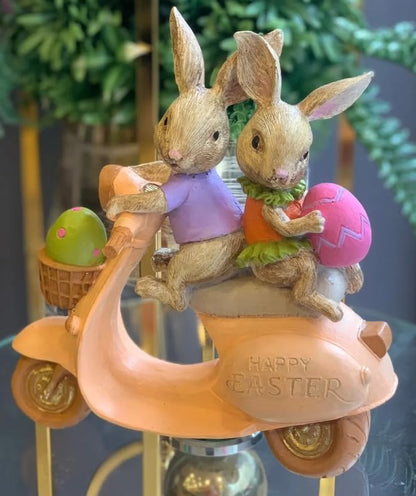 Bunny Couple Scooter Statue, Rabbits On A Vespa Decor, Whimsical Bunny Ornament,Rabbit Sculpture,Easter Rabbit Decor, Easter Bunny Decor, Easter Bunny Sculpture, Easter Rabbit Sculpture