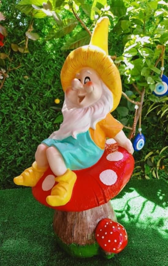 Garden Gnome Sitting on Red Mushroom Outdoor Decor, Garden Gnome Statue, Outdoor Garden Decor, Mushroom Gnome Figure, Fairy Garden Gnome, Garden Gnome Sculpture, Garden Gnome Decor