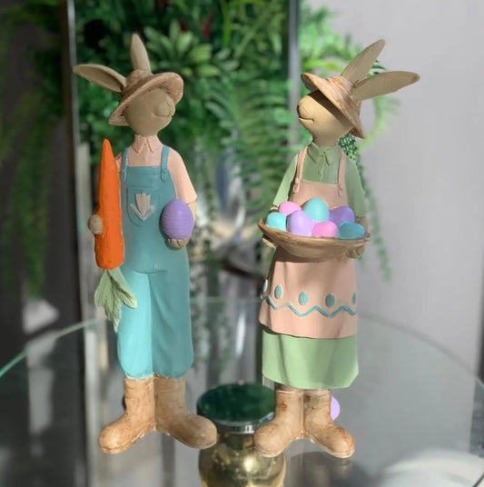 Easter Bunny Figurines with Carrot and Basket of Eggs, Handpainted Bunny Statue, Easter Egg Basket Bunny, Polyester Easter Decor, Easter Rabbit Sculpture