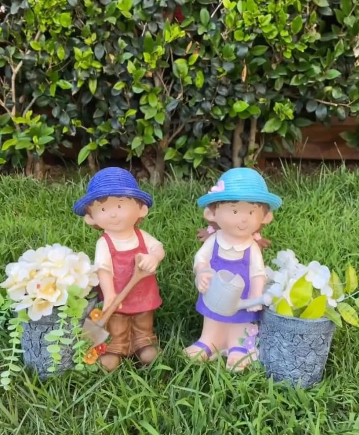 Cute Girl and Boy Planter Pots for Garden Decor, Outdoor Yard Statues, Polyester Garden Pot, Cute Planter Figurine, Boy Girl Flower Pot