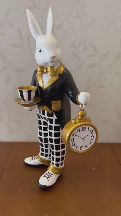 Alice im Wunderland Teezeit Hasenfigur, Hasenstatue mit Teetasse &amp; Uhr, Hasenfigur, Wunderland Teeparty, Hase mit Teetasse