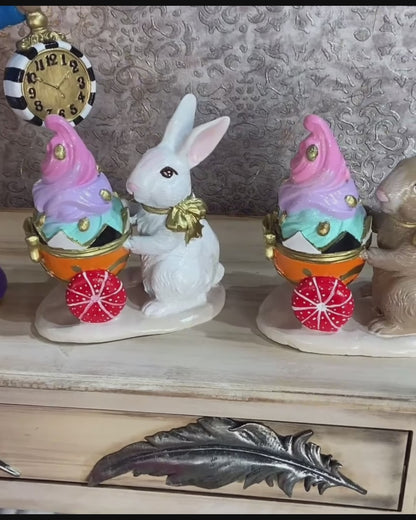 Rabbit Holding Ice Cream Cart Figurine, Whimsical Bunny Ice Cream Vendor, Bunny Vendor Figurine, Rabbit Themed Decoration, Rabbit Decor