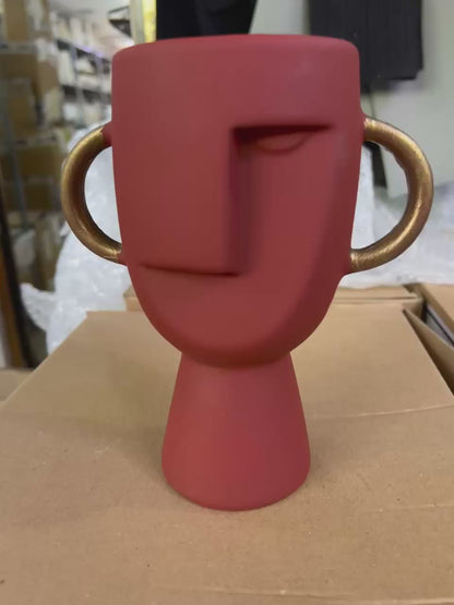 Abstract Face Vase with Dual Handles, Abstract Face Vase, Nordic Style Vase, Polyester Face Art, Small Face Vase, Twin Handle Sculpture