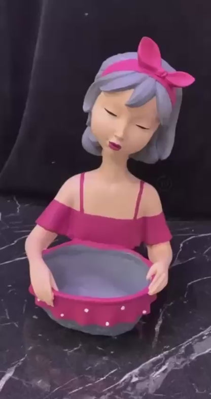 Girl Figurine Decor, Girl With Bowl Sculpture, Handmade Lady Bowl, Cute Girl Figurine Holder, Lady Hamper Figurine, Girl Sculpture, Girl Statue, Girl Decor, Girl Objects