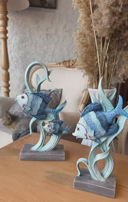 Fish Statue Decor, Nautical Fish Sculpture, Twin Fish Statue, Sea Life Fish Sculpture, Fish Art Sculpture, Ocean Fish Tabletop Statue