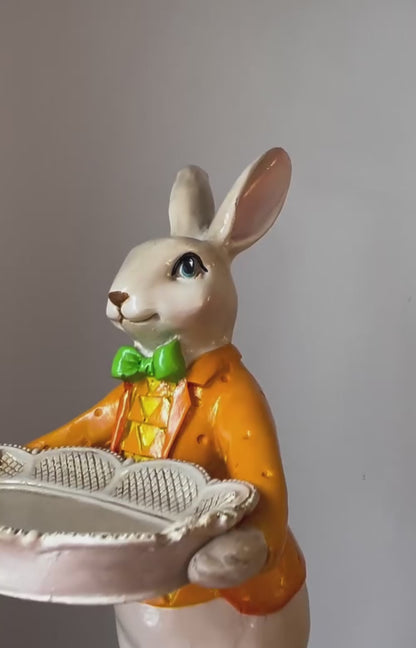 Elegant Rabbit Figurine with Tray, Whimsical Rabbit Sculpture, Decorative Bunny Statue, Bunny Statue Tabletop, Rabbit Serving Tray Stand