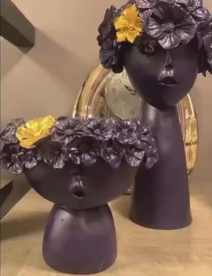 Modern Face Flower Pot with Floral Crown Set of 2, Indoor Home Accent, Chic Face Decor, Polyester Flower Pot, Face Sculpture Planter, Face Planter, Face Pot
