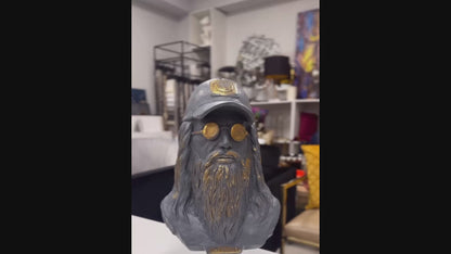 Statua moderna di busto di Da Vinci con berretto e occhiali, Statua di busto di Da Vinci, Busto di Da Vinci, Testa di Da Vinci in poliestere, Scultura di Da Vinci